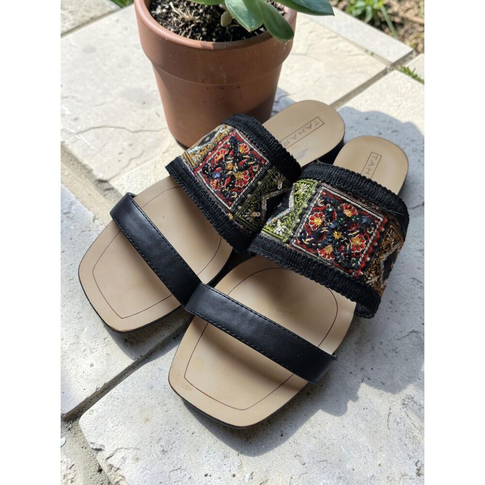 Tahari Fern Boho Embroidered Sequin Double Band Flat Sandal Black Multicolor 8.5
